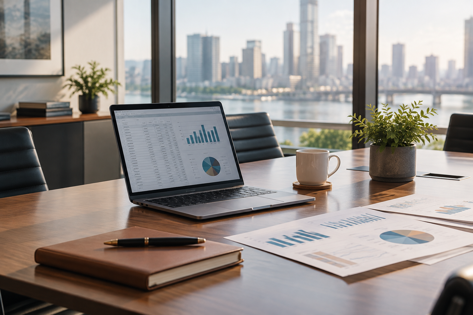 Laptop, business charts and notebook in a meeting room