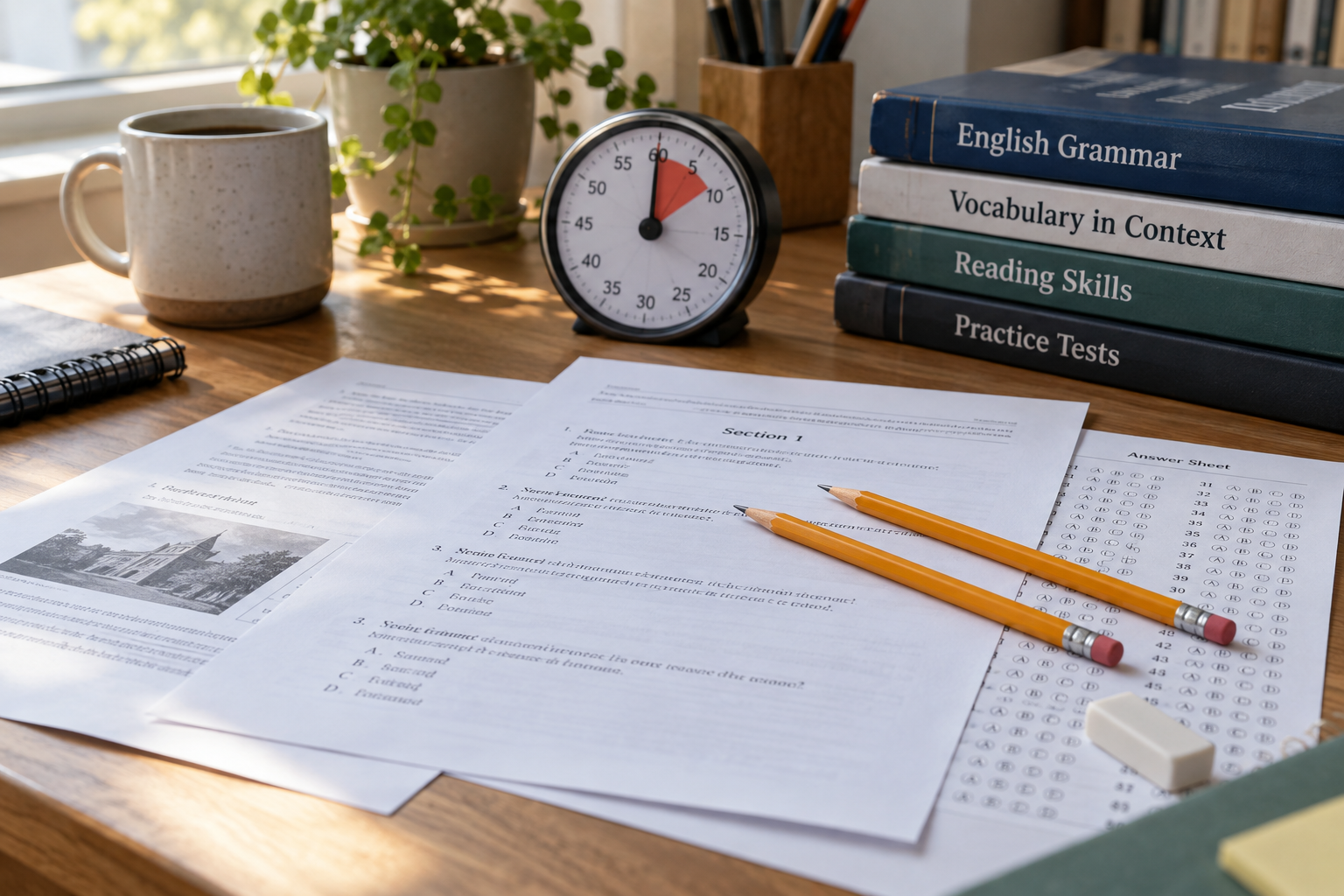 English exam practice papers, pencils and a timer