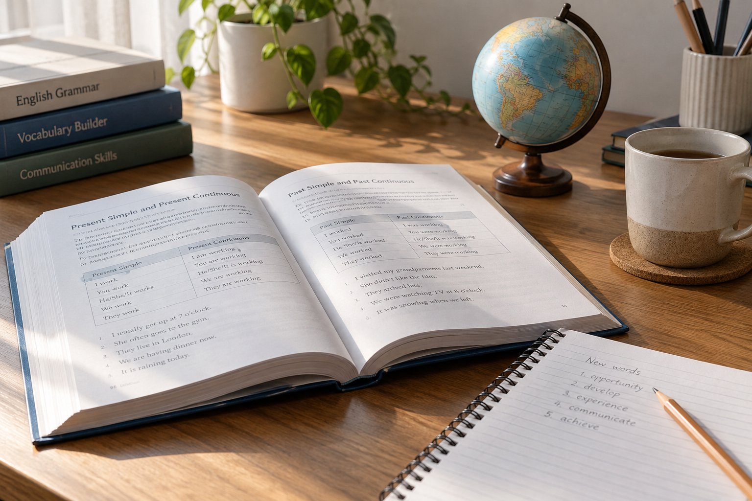 English study books, notebook and globe on a sunlit desk