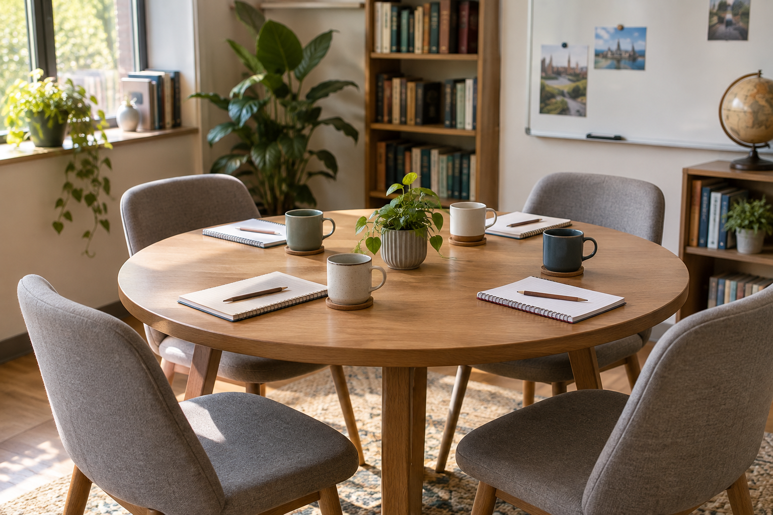 Empty chairs and notebooks around a conversation table