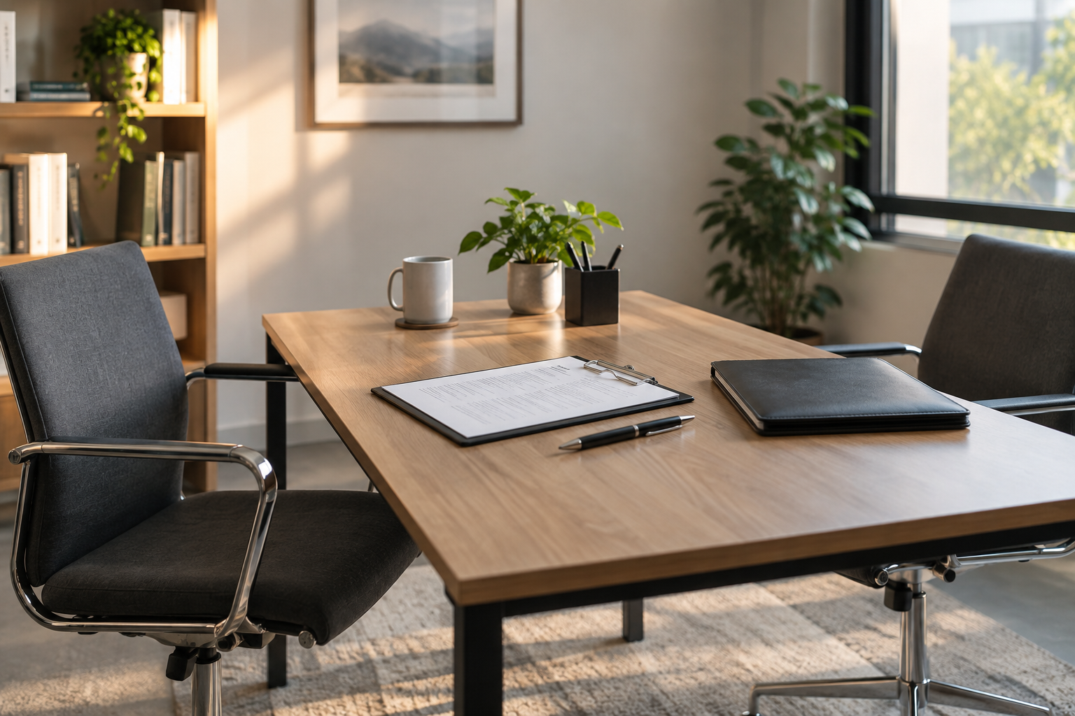 Resume and portfolio on a desk with empty interview chairs