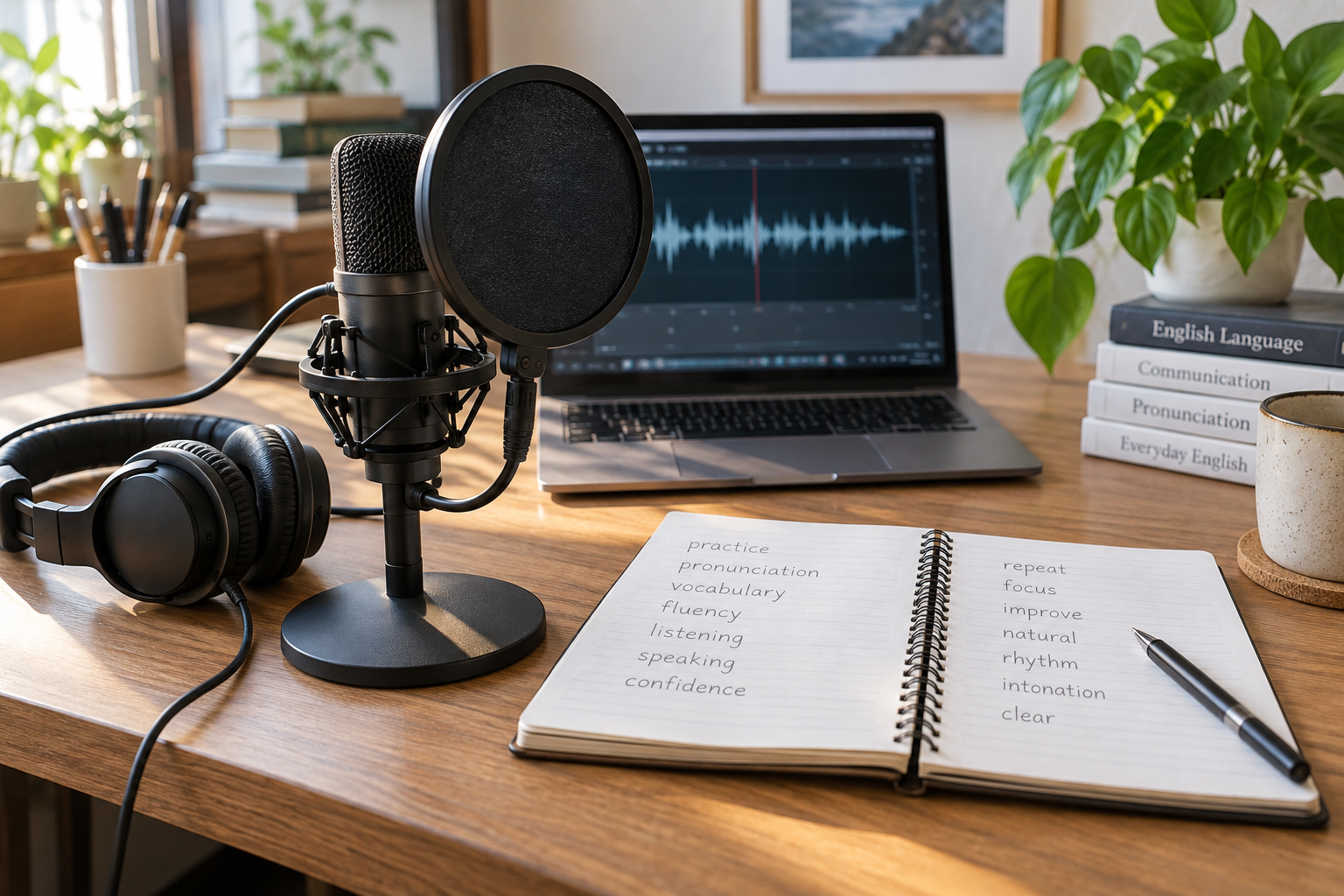Microphone, headphones and audio waveform for pronunciation practice