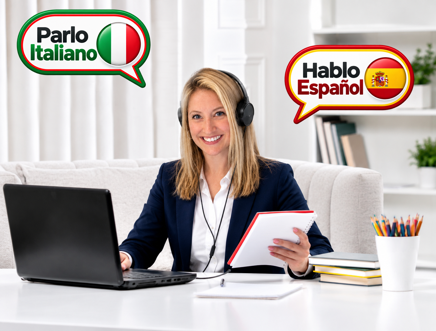 Amanda wearing headphones and teaching an online English lesson